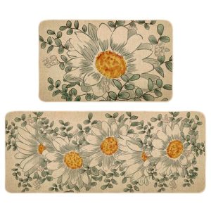 Spring Kitchen Rug Set of 2, Non-Slip Absorbent Door Mats Seasonal Daisy Decorative Kitchen Floor Mat 17×29 and 17×47 Inch DM143