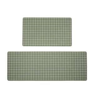 FRESHMINT 2 Piece Kitchen Mat, Anti-Fatigue Cushioned Kitchen Mats Set for Floor, Plaid Non Slip Comfort Standing Mat, Grid Checkered Kitchen Rug, 17″x30″+17″x47″, Olive Green Windowpane