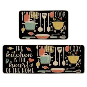 Artoid Mode Balck The Kitchen is The Heart of The Home Kitchen Mats Set of 2, Cooking Sets Party Low-Profile Floor Mat for Home Kitchen – 17×29 and 17×47 Inch