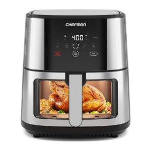 CHEFMAN Easy-View Air Fryer – 8 Qt Family Size with Viewing Window, One-Touch Digital Control with 4 Presets, Nonstick & Dishwasher Safe, Broil, Roast, Dehydrate, Bake, Auto-Shutoff, Stainless Steel