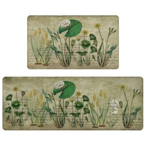 EXYGLO 2 Pieces Kitchen Rugs, Graceful Water Lily Kitchen Mats for Floor, Cushioned Waterproof Non-Slip Foam Mat for Laundry, Office, Bathroom, Hallway, 47″x17″+29″x17″