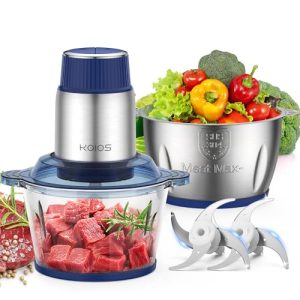 KOIOS Small Food Processor with 2 Bowls (8 Cup+8 Cup) & 2 Sets Bi-level Blade, 2L Electric Food Chopper Meat Grinder for Meat/Vegetable/Fruits/Nuts/Baby Food, 500W, 2 Speed Modes