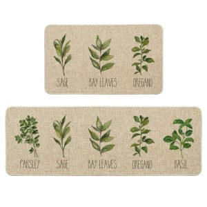 Artoid Mode Parsley Sage Oregano Basil Bay Leaves Decorative Kitchen Mats Set of 2, Seasonal Holiday Party Low-Profile Floor Mat for Home Kitchen – 17×29 and 17×47 Inch