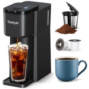 Tastyle Mini Single Cup Coffee Maker, Hot and Iced Coffee Maker for K Cup and Ground, 6 to14 Oz Brew Sizes, with Recipe Book, One Cup Small Pod Coffee Machine for Travel, RV, Dorm and Desk