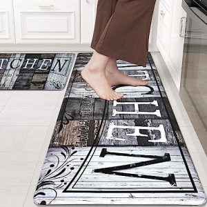 ASPMIZ Farmhouse Kitchen Rug and Runner Set Washable, Cushioned Anti Fatigue Kitchen Mat 2 Pcs Non Slip, Waterproof PVC Standing Kitchen Floor Mat for Sink Office Laundry Home, 18″ x 48″ + 18″ x 30″