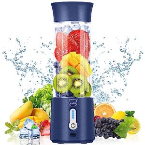 Personal Juicer, Miaoke Portable Blender 17 Oz 6 Leaves High-Speed 304 Stainless Steel Blade 22000 R/Min 4000Ah Type-C Rechargeable 4-Grade power prompt With Portable Removable Cup Lid/Dark Blue