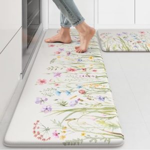 KIMODE Anti Fatigue Kitchen Mat for Floor, Farmhouse Floral Kitchen Rugs Sets of 2, Kitchen Floor Mats Non-Slip, Cushioned Standing Mat for Sink, Laundry, Desk, Home White 17″x47″+17″x29″