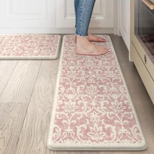 LEEVAN Kitchen Rugs Non Slip, Cushioned Kitchen Floor Mats Set of 2, Pink Anti-Fatigue Kitchen Mat Waterproof, Ergonomic Memory Foam Standing Mat for Bar,Office,Desk,Laundry