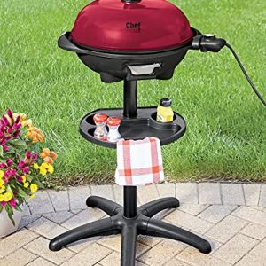 Montgomery Ward Chef Tested Electric Grill- Indoor/Outdoor Use, Removable Cast Aluminum Griddle, Temperature Control, Drip Tray, Warming Drawer, 1350 Watts, (Red, 25″W x 40.25″H x 25″D)