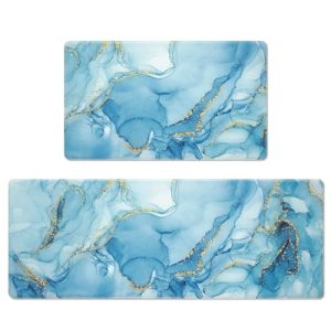 ASPMIZ Marble Kitchen Mat Set of 2, Abstract Waterproof Kitchen Rugs Anti Fatigue Golden Edge PVC Comfort Standing Runner Rug, Non-Slip Memory Foam Kitchen Floor Mat, 18” x 30” + 18” x 48 ”, Blue