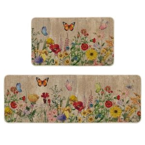 Artoid Mode Wood Flowers Butterfly Spring Kitchen Mats Set of 2, Seasonal Home Decor Leaves Low-Profile Kitchen Rugs for Floor – 17×29 and 17×47 Inch