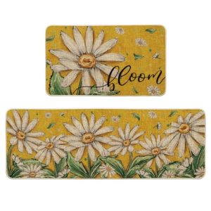 Artoid Mode Yellow Daisy Bloom Spring Kitchen Mats Set of 2, Seasonal Home Decor Leaves Low-Profile Kitchen Rugs for Floor – 17×29 and 17×47 Inch