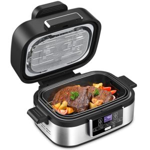 Joy Pebble Indoor Grill with Air Fry, 5-IN-1 Electric Smart Air Fryer Grill Combo, Stainless Steel with Air Grill, Air Fryer, Roast, Bake, Dehydrate, Beef & Fries, 5QT Large Capacity Smokeless, Black