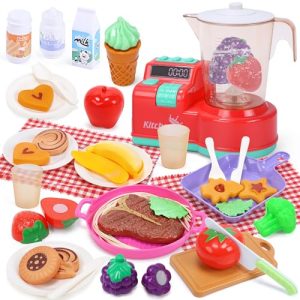 HOLYFUN Toy Blender Set, Pretend Play Kitchen Appliances Toy Set with Blender, Play Food, Play Kitchen Accessories, Play Blender Mixer Toy with Realistic Light and Sound for Kids Kitchen Ages 3+