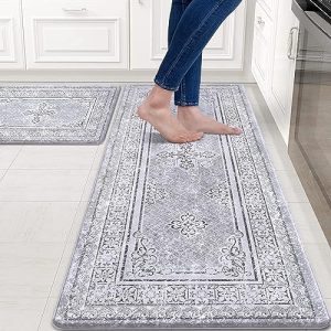 ASPMIZ Farmhouse Kitchen Rugs Sets of 2 Washable, Anti Fatigue Kitchen Mats for Floor, Vintage Kitchen Rug and Mat Non-Slip, Thick Kitchen Rug Cushion Mat Boho, 18” x 48” + 18” x 30”, Light Gray