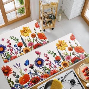 ASPMIZ Floral Kitchen Rugs Sets of 2, Wild Flowers Anti Fatigue Kitchen Mats for Floor, Kitchen Rugs Non Slip Washable, Memory Foam Kitchen Rug Waterproof, 17” x 30” + 17” x 47”