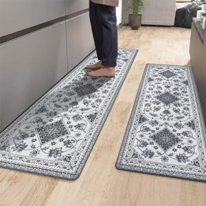 ASPMIZ Gray Boho Kitchen Mats Set of 2 Non Slip, Cushioned Anti-Fatigue Kitchen Rugs, Waterproof Kitchen Rugs and Mats, Comfort Standing Mat Kitchen Carpet for Sink Laundry 18” x 60” + 18” x 48”