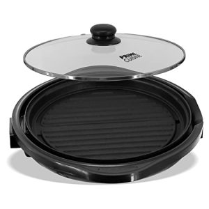 Prime Cuisine 12 Inch Round Indoor Non-Stick Electric Grill, Adjustable Thermostat control, cool touch handles, Nonstick Pan & Tempered Glass Lid, Black