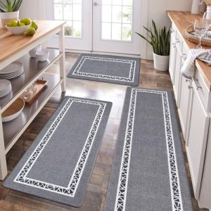 ASPMIZ Modern Kitchen Rugs Sets of 3 Anti Fatigue, Waterproof PVC Kitchen Runner Rug Non Slip Memory Foam Kitchen Mats for Floor Washable Floor Comfort Mat, 18″ x 30″ + 18” x 48” + 18” x 60”, Grey