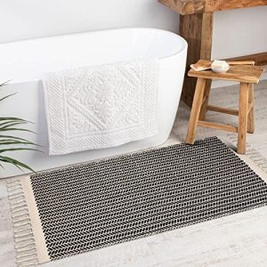 Lahome Boho Kitchen Runner, 2×4.3 Bathroom Runner Rug Lightweight Entryway Rug Woven Cotton Throw Mat with Tassels, Farmhouse Non-Shedding Washable Black Rug Low Pile Runner for Bedroom Doorway