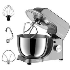 Parmedu Electric Kitchen Stand Mixer: 380W 8-Speed Tilt-Head Household Food Mixer – 4.75-Qt 304 Stainless Steel Bowl with Cover & Egg Whisk & Dishwasher Safe Dough Hook & Flat Beater, Iron Gray