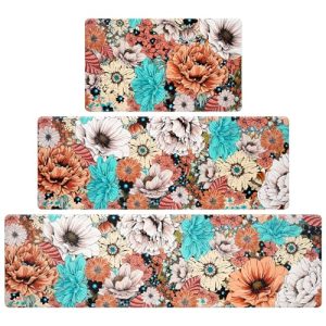 ASPMIZ 3 Piece Kitchen Rugs Non Slip, Boho Floral Kitchen Mats Cushioned Anti Fatigue, Bohemian Colorful Flower Kitchen Mats for Floor Comfort Standing Mat, 18” x 30” + 18” x 48” + 18” x 60”