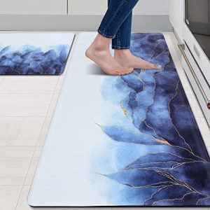 MAYHMYO Anti Fatigue Kitchen Mat – Set of 2 – Blue and Gold Design Comfort Mats – Cushioned, Non Slip Floor Mat