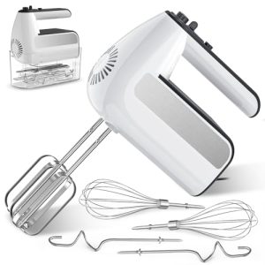 5-Speed Electric Hand Mixer, 800W Handheld Mixer with Turbo for Baking & Cooking, Kitchen Food Mixer with Storage Case & 5 Stainless Steel Attachments (2 Beaters, 2 Dough Hooks, 2 Whisks), White