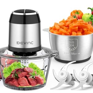 Food Processors, Mini Meat Grinder & Veggie Chopper with 2 Bowls (8 Cup+8 Cup), Electric Food Chopper with 2 Sets of Bi-Level Blades for Meat, Vegetables, Fruits and Nuts