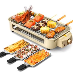 Pukomc Electric Indoor Grill,2 in 1 Indoor Grills for Kitchen with Grill Net & Non-Stick Cooking Removable Plate, Temperature Control, Dishwasher Safe, 1500W Smokeless Grill