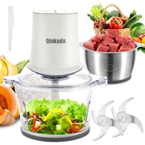 Qinkada Food Processors with 2 Bowls, 400W Meat Grinder, Food Chopper Electric, 2 Speed, 8Cup Glass and 8Cup 304 Stainless Steel, 2 Blades, Spatula (White)
