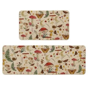 Artoid Mode Mushrooms Butterfly Spring Kitchen Mats Set of 2, Home Decor Low-Profile Kitchen Rugs for Floor – 17×29 and 17×47 Inch