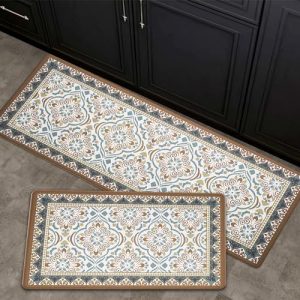 FRESHMINT Anti Fatigue Kitchen Mats for Floor 2 Piece Set, Waterproof & Non-Skid Moroccan Tile Kitchen Rugs, Cushioned Kitchen Mat for Standing Washable Comfort Desk Kitchen Runners, 17×30+17×47