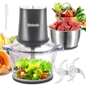 Qinkada Food Processors with 2 Bowls, 400W Meat Grinder, Food Chopper Electric, 2 Speed, 8Cup Glass and 8Cup 304 Stainless Steel, 2 Blades, Spatula (Grey)