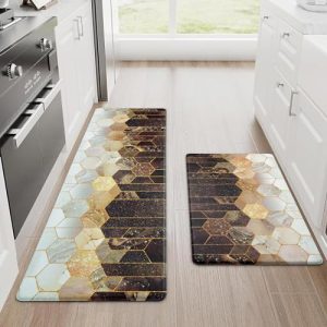 Likiyol Kitchen Rugs Set of 2 Marble Kitchen Mats for Floor Anti Fatigue Mats for Kitchen Floor, Brown Gold Ombre Kitchen Rugs Non Slip Washable Comfort Kitchen Floor Mat, 18” x 30” + 18” x 48”