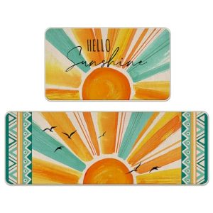 Tailus Hello Sunshine Spring Summer Kitchen Rugs Set of 2, Boho Watercolor Sun Seagulls Kitchen Mats Decor, Bohemian Seasonal Floor Door Mat Home Decorations -17×29 and 17×47 Inch