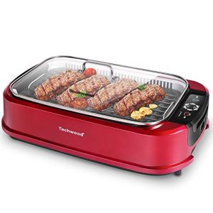 Smokeless Indoor Grill, Techwood 1500W Electric Grill Portable Korean Grill Non-Stick Grill Plates with Temperature Control, Removable Drip Tray, Tempered Glass Lid, Dishwasher-Safe