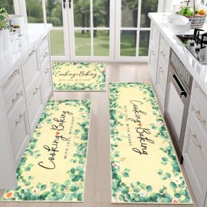 HEBE Farmhouse Kitchen Rugs Sets of 3 Non Slip Washable Kitchen Rugs and Mats Boho Kitchen Mats for Floor Kitchen Runner Rug Kitchen Carpet Rug Runner for Hallways Kitchen Laundry