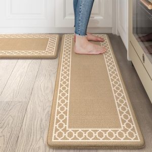 LEEVAN Anti Fatigue Mats for Kitchen Floor Non-Slip, Cushioned Kitchen Mats for Floor 2 Piece, Tan Memory Foam Kitchen Mat Set, Waterproof Ergonomic Standing Mat for Bar, Office,Desk, Laundry