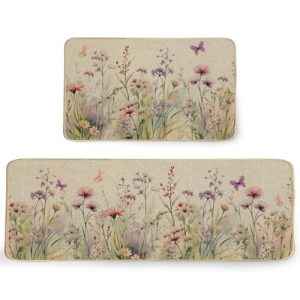 ARKENY Flowers Wildflower Spring Kitchen Mats Set of 2, Seasonal Home Decor Low-Profile Floral Kitchen Rugs for Floor – 17×29 and 17×47 Inch AKM041