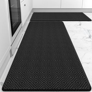 Mattitude Kitchen Mat 2PCS Kitchen Rugs Cushioned Anti-Fatigue Rug Waterproof Standing Desk Mat Kitchen Mats for Floor Kitchen Rug Set for Kitchen, Sink, Office 17.3″×30″+17.3″×47″ Black