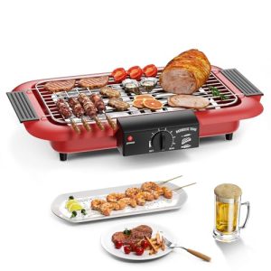 Electric BBQ Grill, Smokeless Non-Stick Indoor/Outdoor Barbecue Grill, 2000W Double tube High Power Portable Removable Stand Grill for BBQ Party (Red)