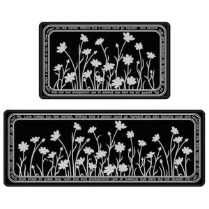 Rempry Floral Kitchen Mat for Floor Set of 2, Non Slip Waterproof Kitchen Rugs and Mat, PVC Cushioned Anti Fatigue Kitchen Mat for Home, Office, 17″x47″+17″x29″, Black