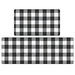 ROSMARUS Kitchen Mat Set 2 Piece, Cushioned Anti Fatigue Kitchen Floor Mat Waterproof Non Slip Kitchen Rugs, Heavy Duty PVC Ergonomic Comfort Standing Mat for Kitchen, Sink, Laundry (Black-White)