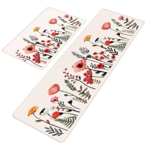 Rempry Colorful Flower Kitchen Mats Anti Fatigue, Non Skid Cushioned Comfort Standing Kitchen Mat, Waterproof and Oil Proof Floor Mat Set of 2, 17″x47″+17″x29″