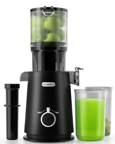 ECOSELF Cold Press Juicer, Juicer Machines with 4.35″ Wide Mouth, Whole Fruit juicer, Masticating Juicer, Self Feeding Juice Extractor for Vegetable and Fruit, Black