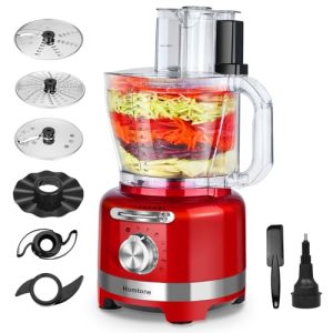 Homtone 16 Cup Food Processor, Large Food Processors, 6 Preset Modes Vegetable Chopper Electric, 6 Blades 8 Functions for Home Use, Stepless Speed Control, 650W, Red