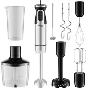 MuellerLiving Hand Blender, Immersion Blender, Hand Mixer with Attachments: Stainless Steel Blade, Whisk, Milk Frother, Beaters, Mixing hooks, Potato masher, Chopper bowl