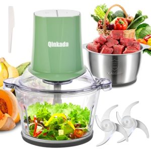 Qinkada Food Processors with 2 Bowls, 400W Meat Grinder, Food Chopper Electric, 2 Speed, 8Cup Glass and 8Cup 304 Stainless Steel, 2 Blades, Spatula Green
