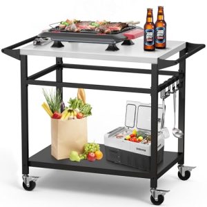 20″x 32″ Grill Table with Double-Shelf, Stainless Steel Grill Cart, Multifunctional Food Prep and Pizza Oven Table for Ninja Grill, Blackstone Griddle 17″/22″